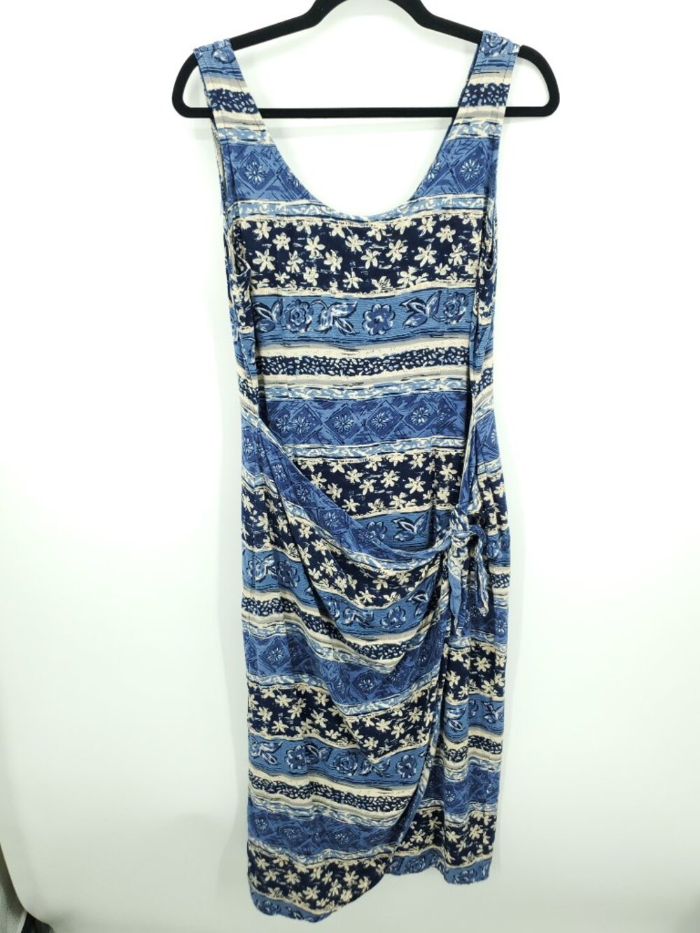 VTG 90s S. Roberts Sleeveless Scoop Neck Wrap Waist Midi Dress M/L Blue/Cream